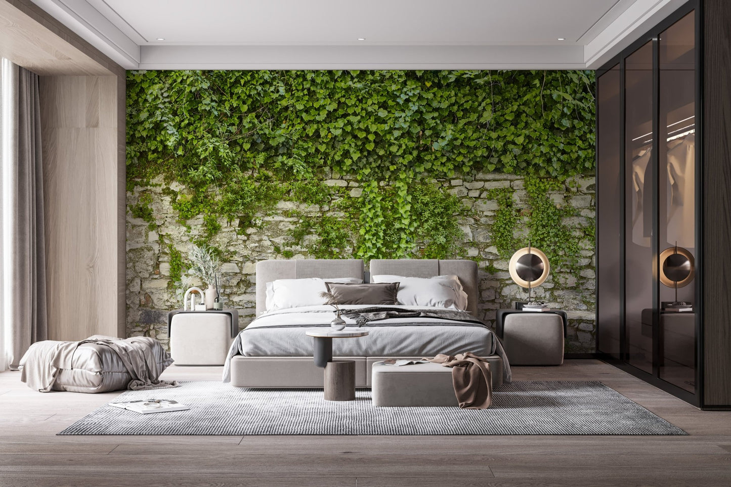 Botanical leaves wall mural featuring vines and stones in a luxury master suite.