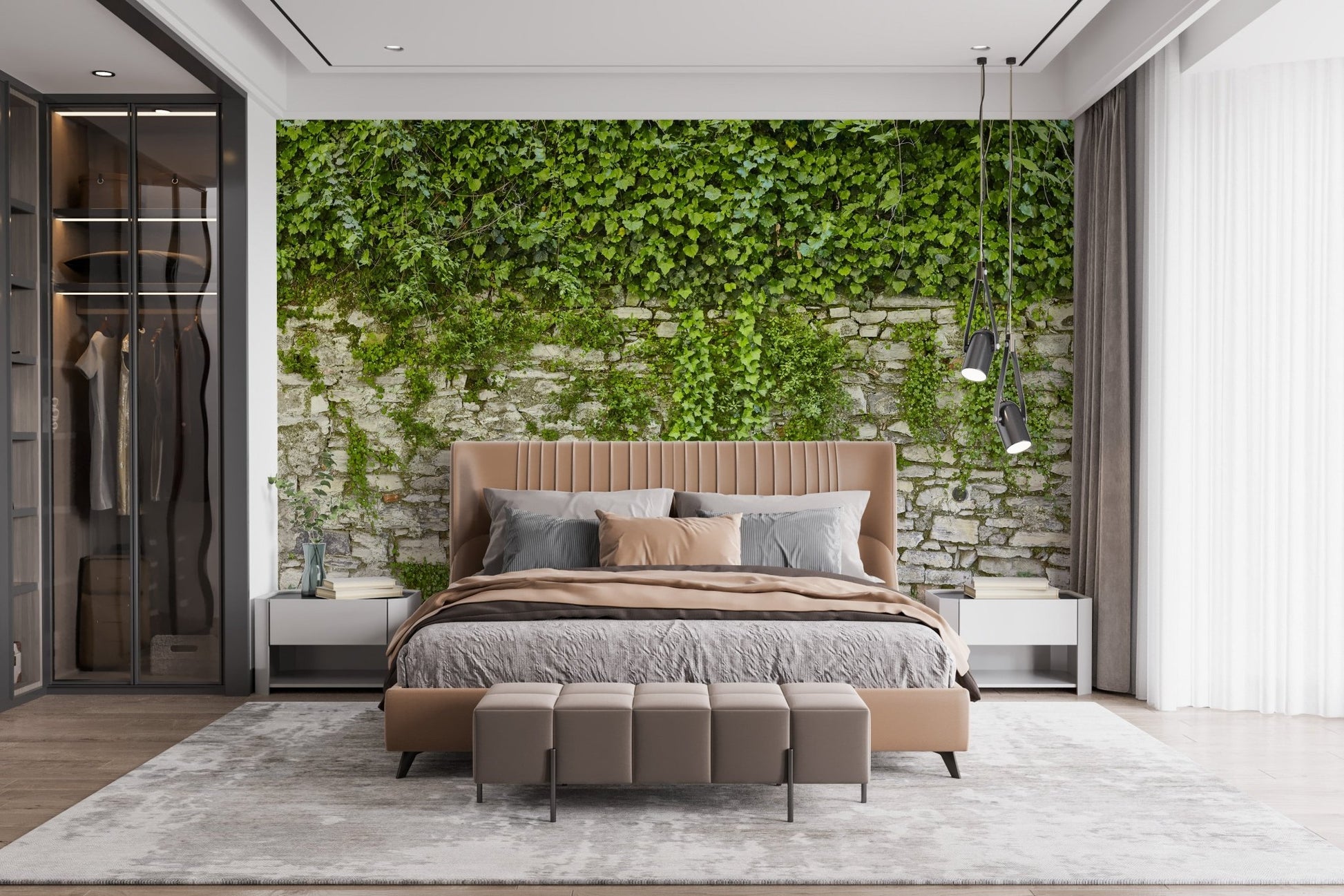 Hanging Green Leaves Wallpaper Murals behind a large bed in a contemporary room.