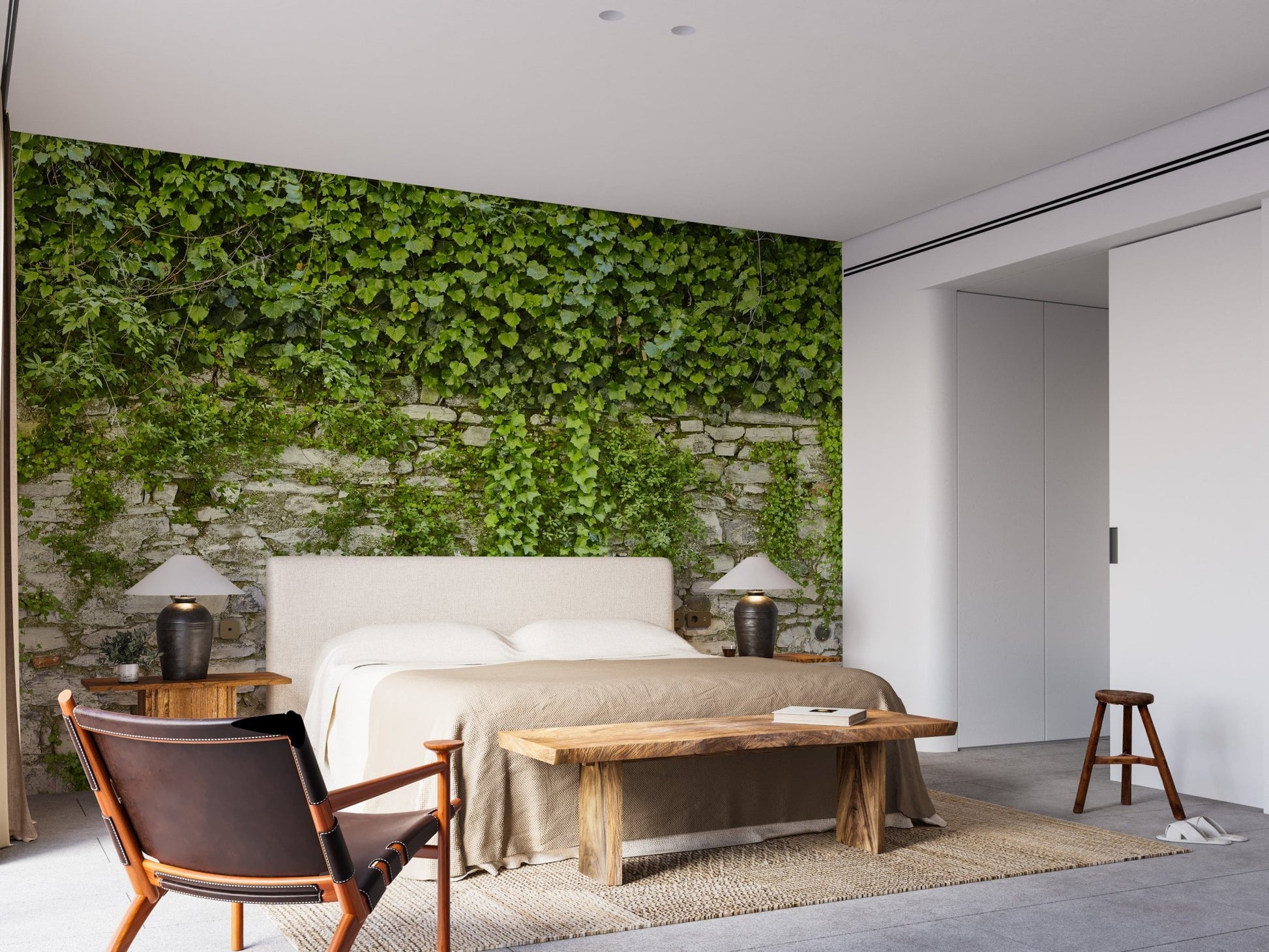 Hanging Green Leaves Wallpaper Murals in a serene bedroom with a wooden bench.
