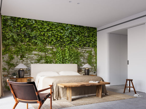 Hanging Green Leaves Wallpaper Murals in a serene bedroom with a wooden bench.