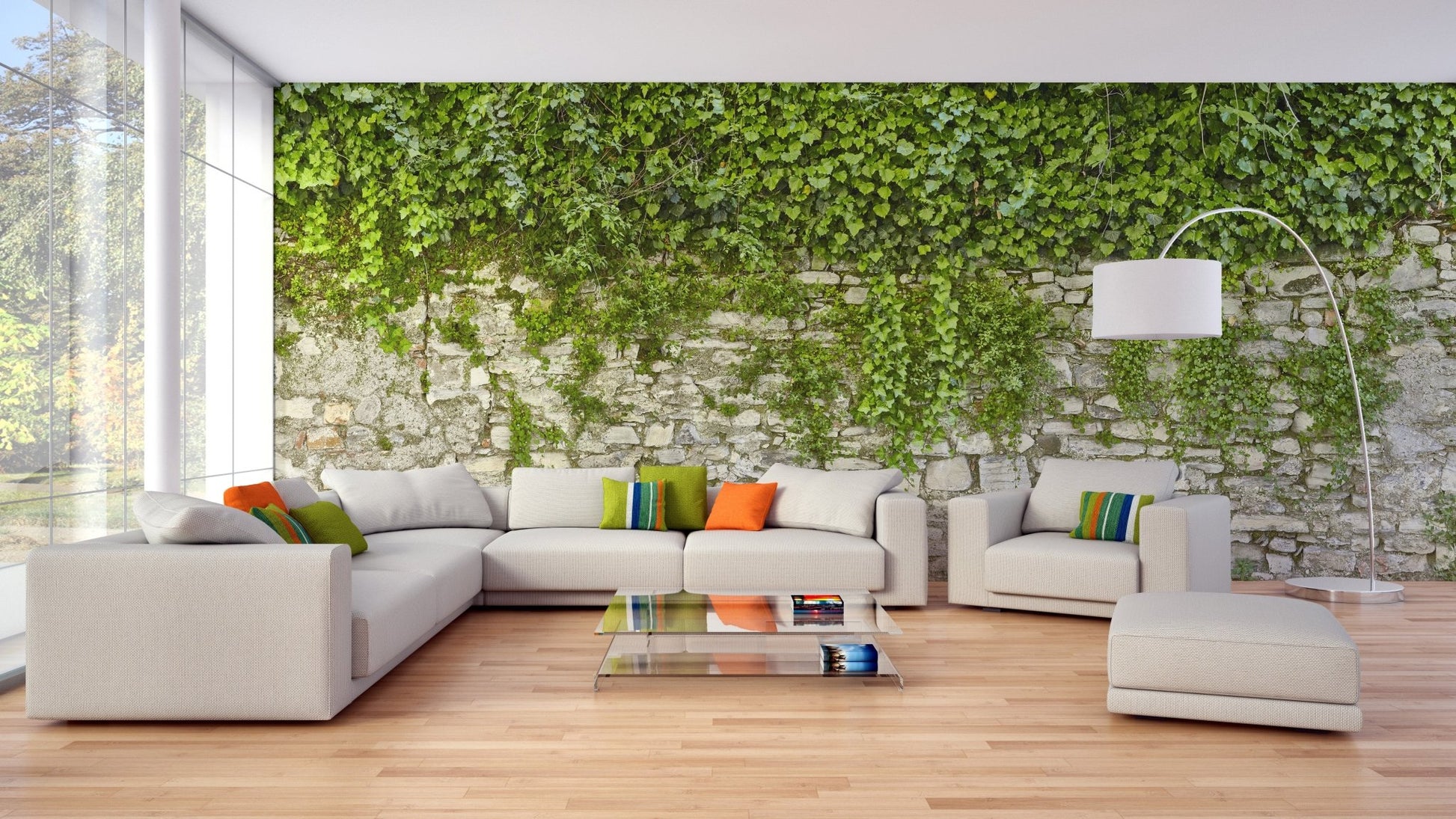 Large scale Hanging Green Leaves Wallpaper Murals in a minimalist apartment.