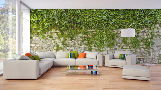 Large scale Hanging Green Leaves Wallpaper Murals in a minimalist apartment.