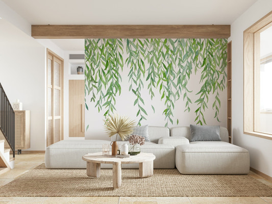 Botanical green leaves in accent wall