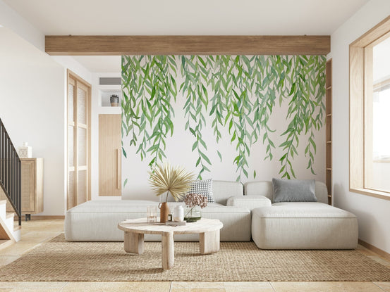 Botanical green leaves in accent wall