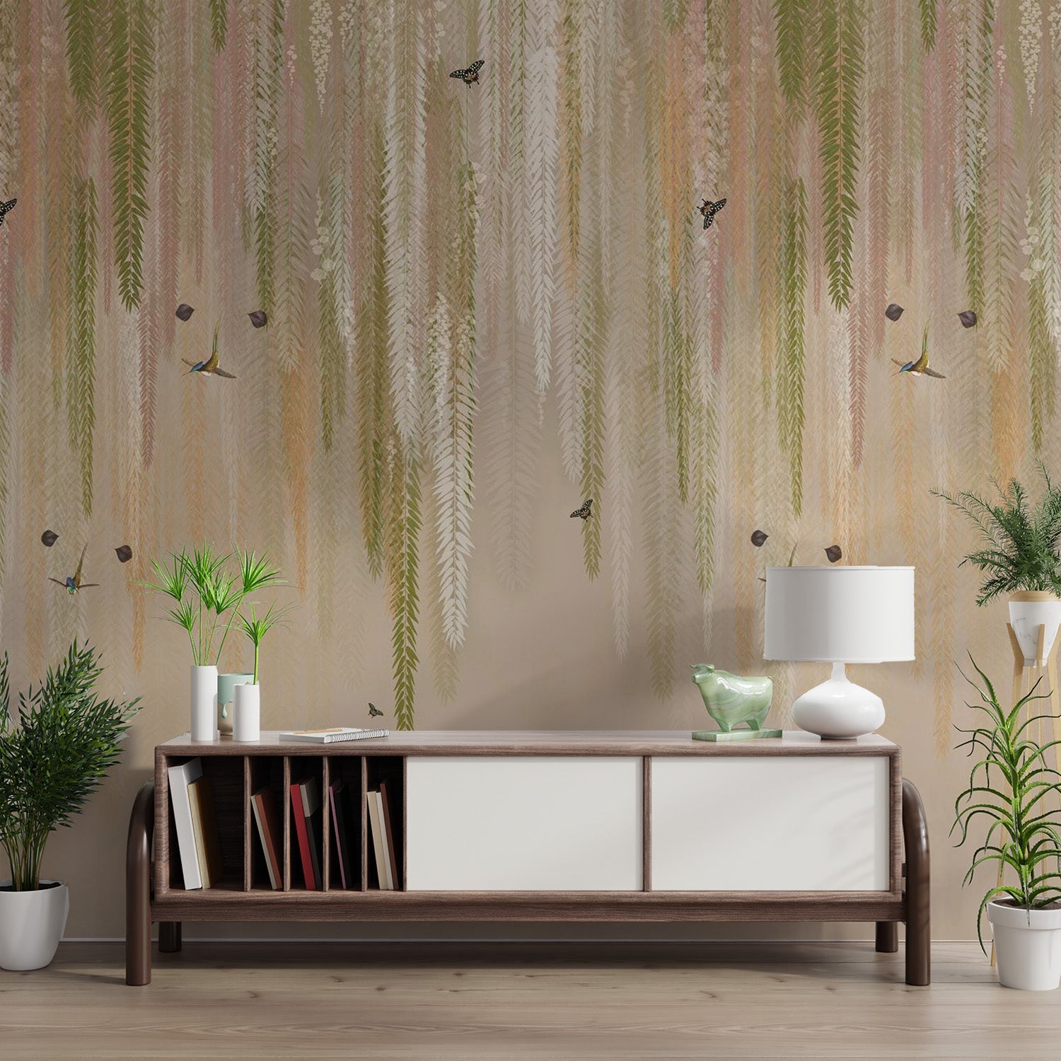 Vertical leaf wallpaper with sage green and dusty peach color tones in hallway.