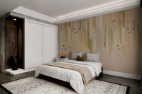 Muted botanical wallpaper showing butterflies among willow leaves.