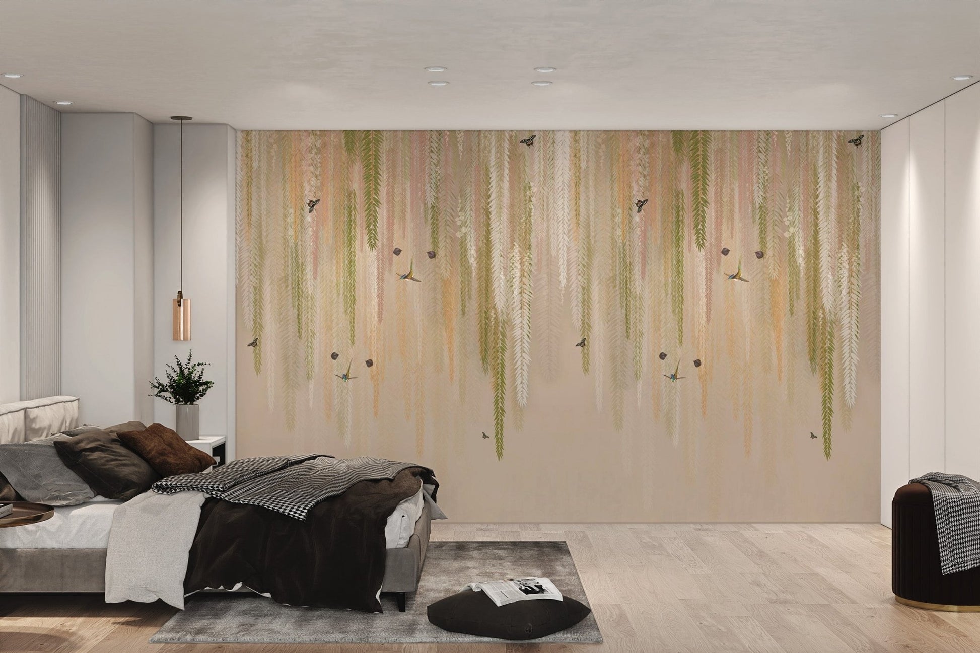 Pastel green and beige hanging foliage wallpaper for master bedroom.