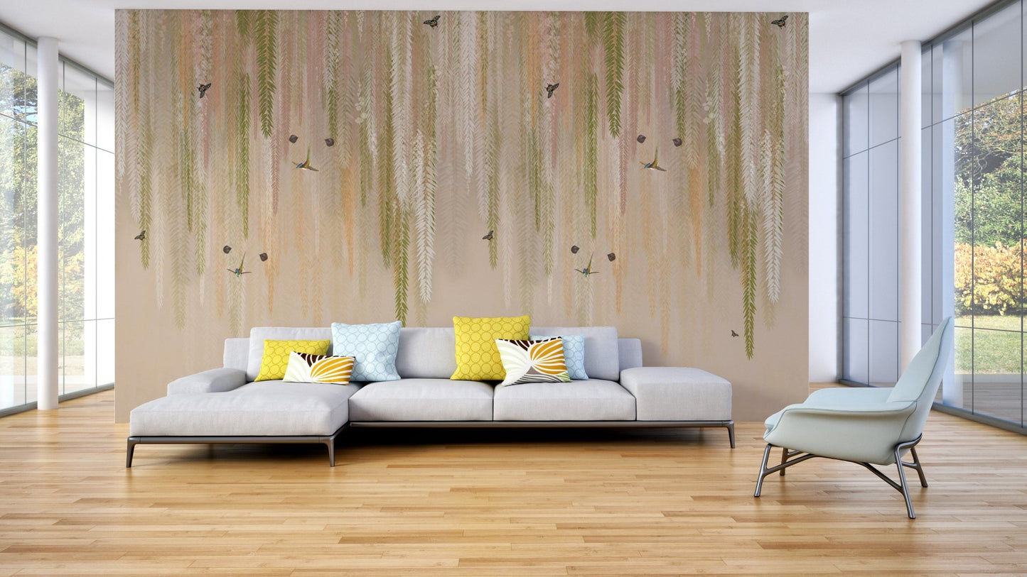 Hanging Leaves Wallpaper with detailed bird and insect motifs.
