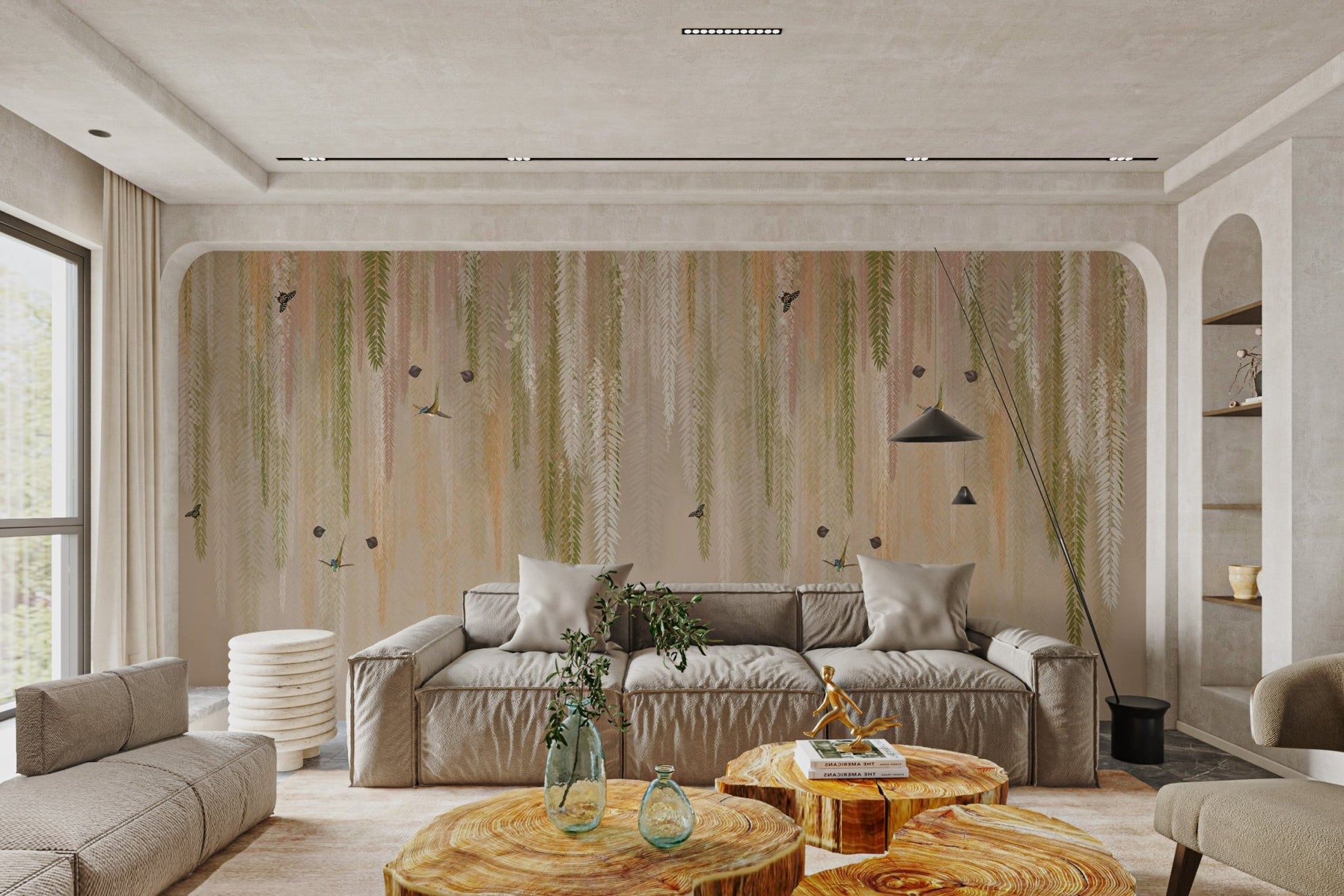 Nature inspired wallpaper with muted peach leaf patterns for living room.