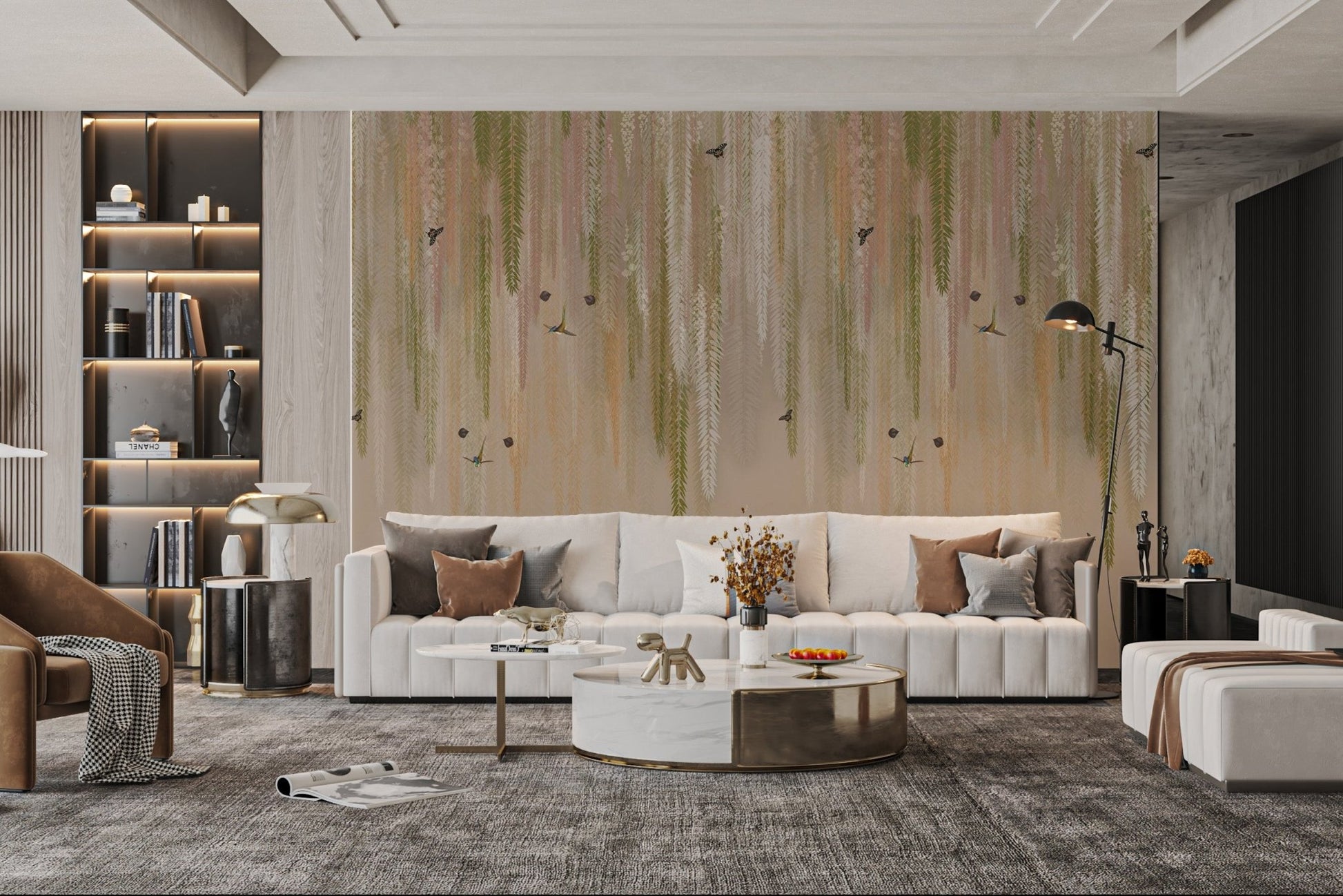 Hanging Leaves Wallpaper depicting forest flora and small birds.
