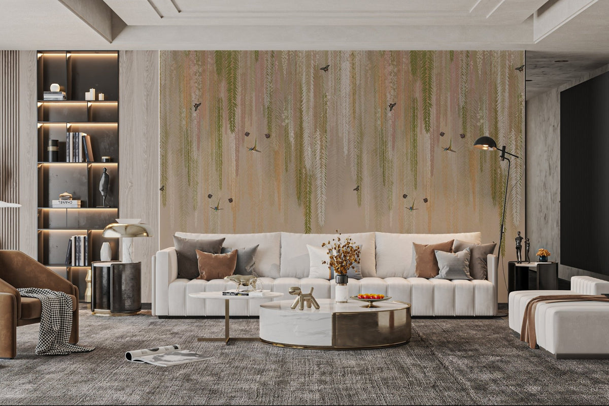 Hanging Leaves Wallpaper depicting forest flora and small birds.