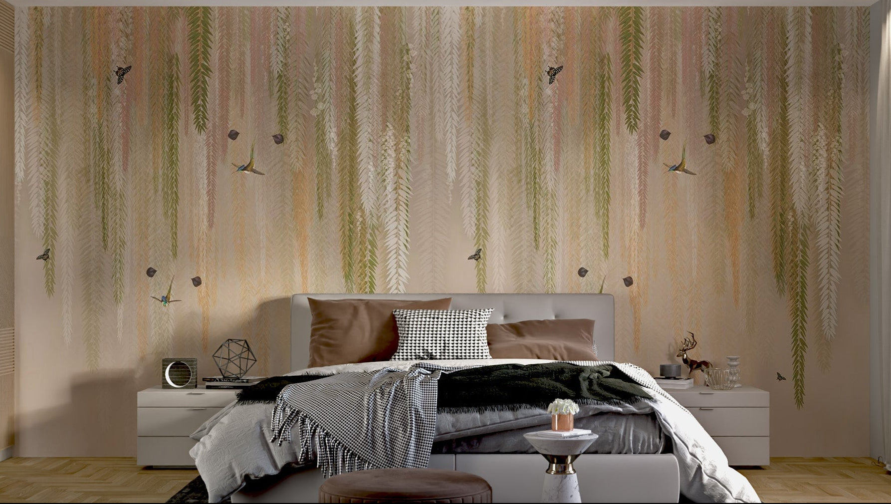Sage green leaf wallpaper featuring flying butterflies and birds in bedroom.
