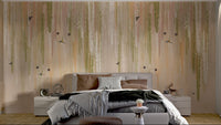 Sage green leaf wallpaper featuring flying butterflies and birds in bedroom.