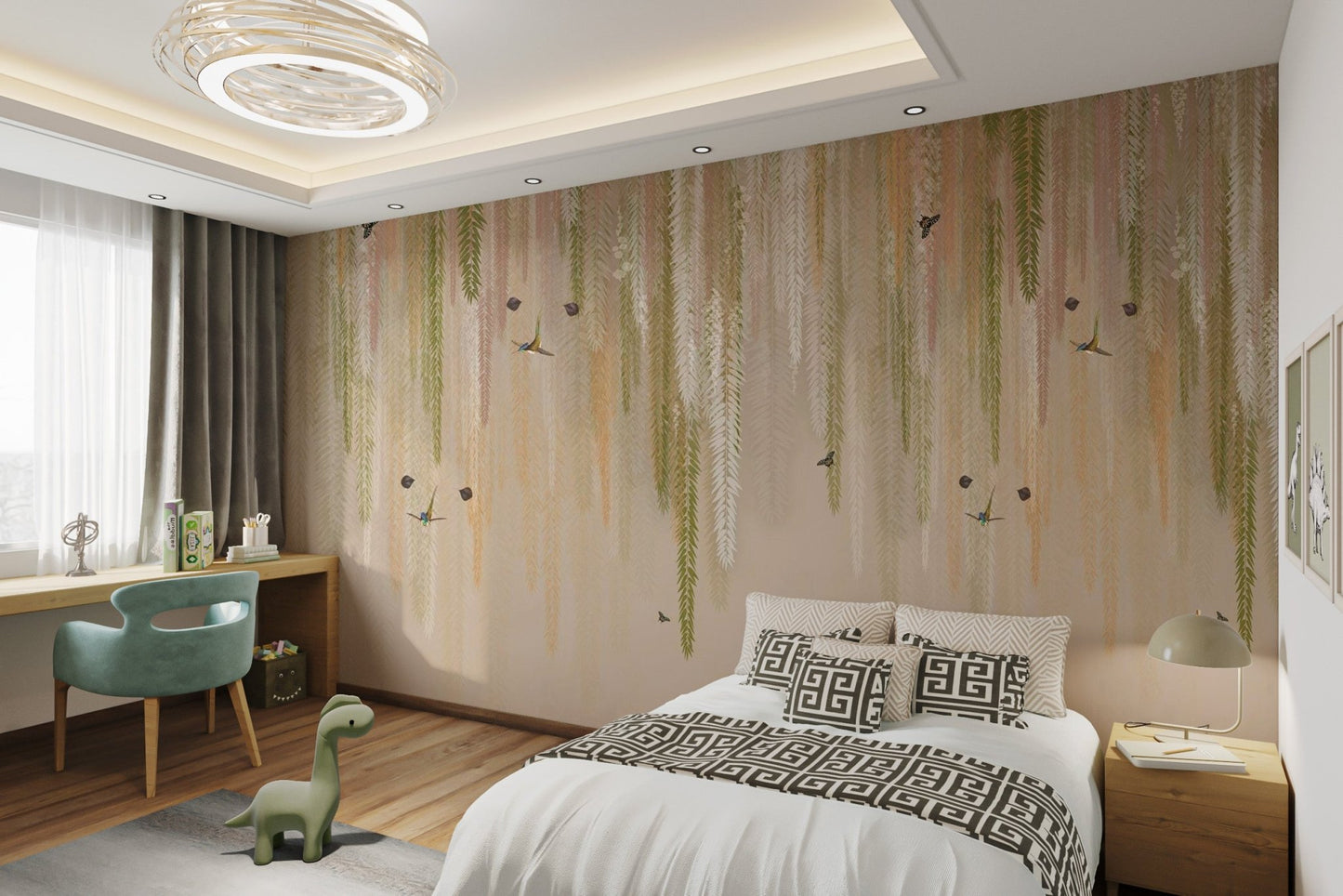 Beige and cream botanical wallpaper with vertical hanging foliage.