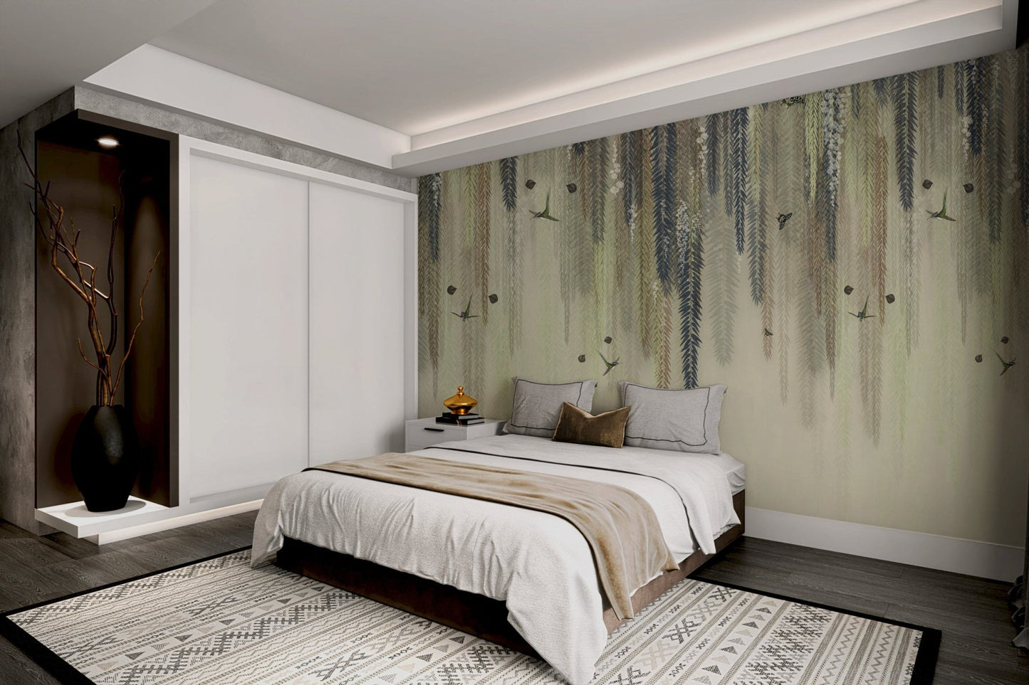 Hanging leaves wallpaper with blue and grey foliage in bedroom.