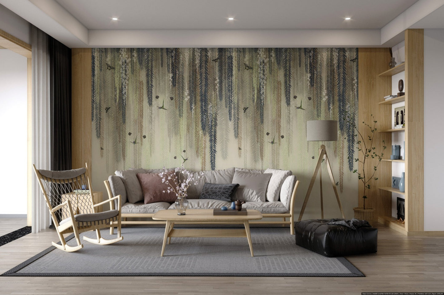 Muted tone hanging leaves wallpaper with bird illustrations.