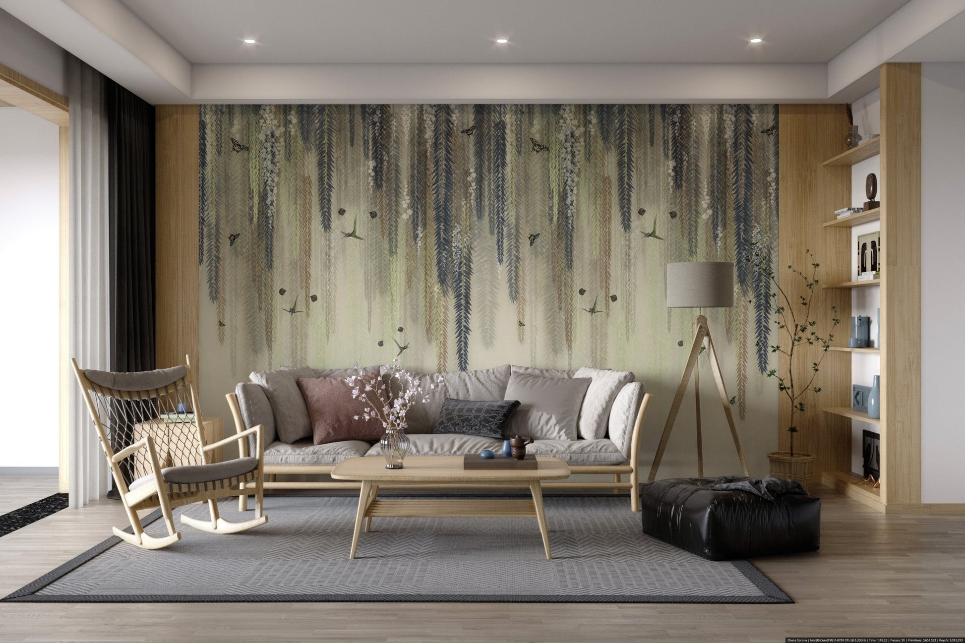 Muted tone hanging leaves wallpaper with bird illustrations.