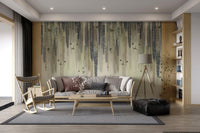 Muted tone hanging leaves wallpaper with bird illustrations.