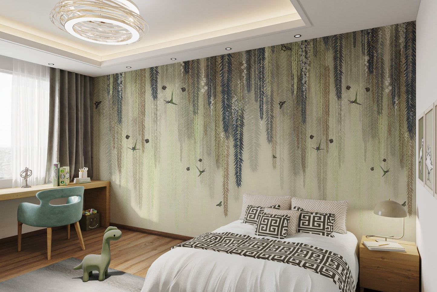 Botanical wallpaper in charcoal grey and tan tones for kids bedroom.