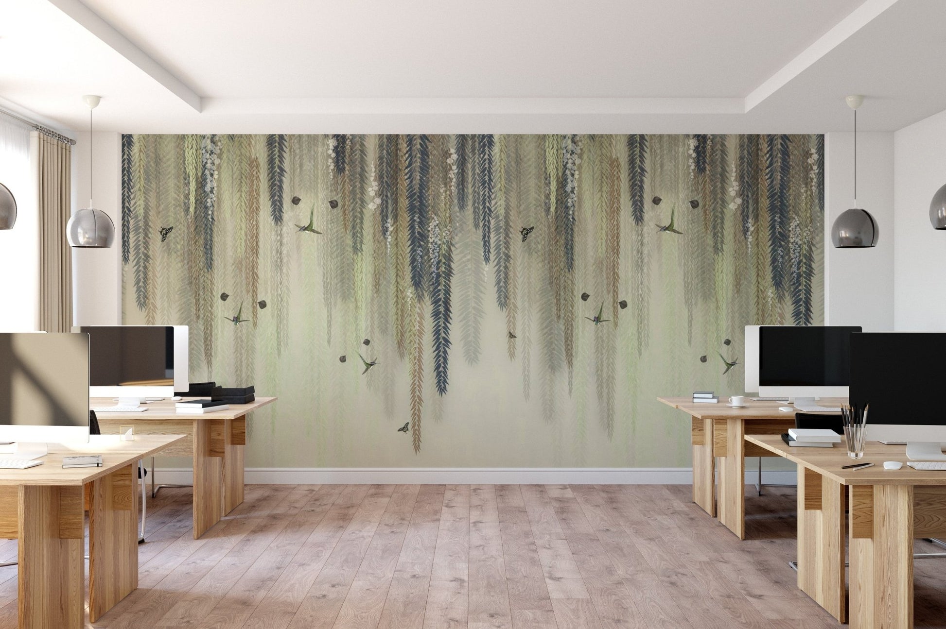 Neutral color wallpaper with cascading willow leaves in modern office.