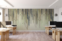 Neutral color wallpaper with cascading willow leaves in modern office.