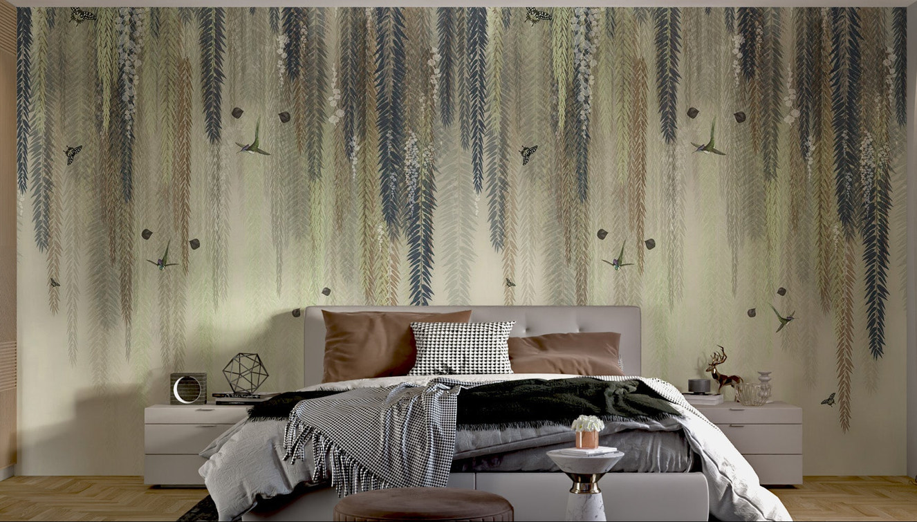 Sage green willow leaf wallpaper featuring hummingbirds in bedroom.