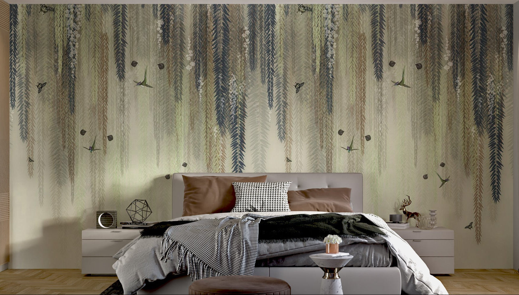 Sage green willow leaf wallpaper featuring hummingbirds in bedroom.