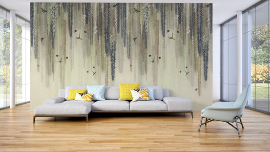Nature pattern wallpaper with butterflies and muted leaves.