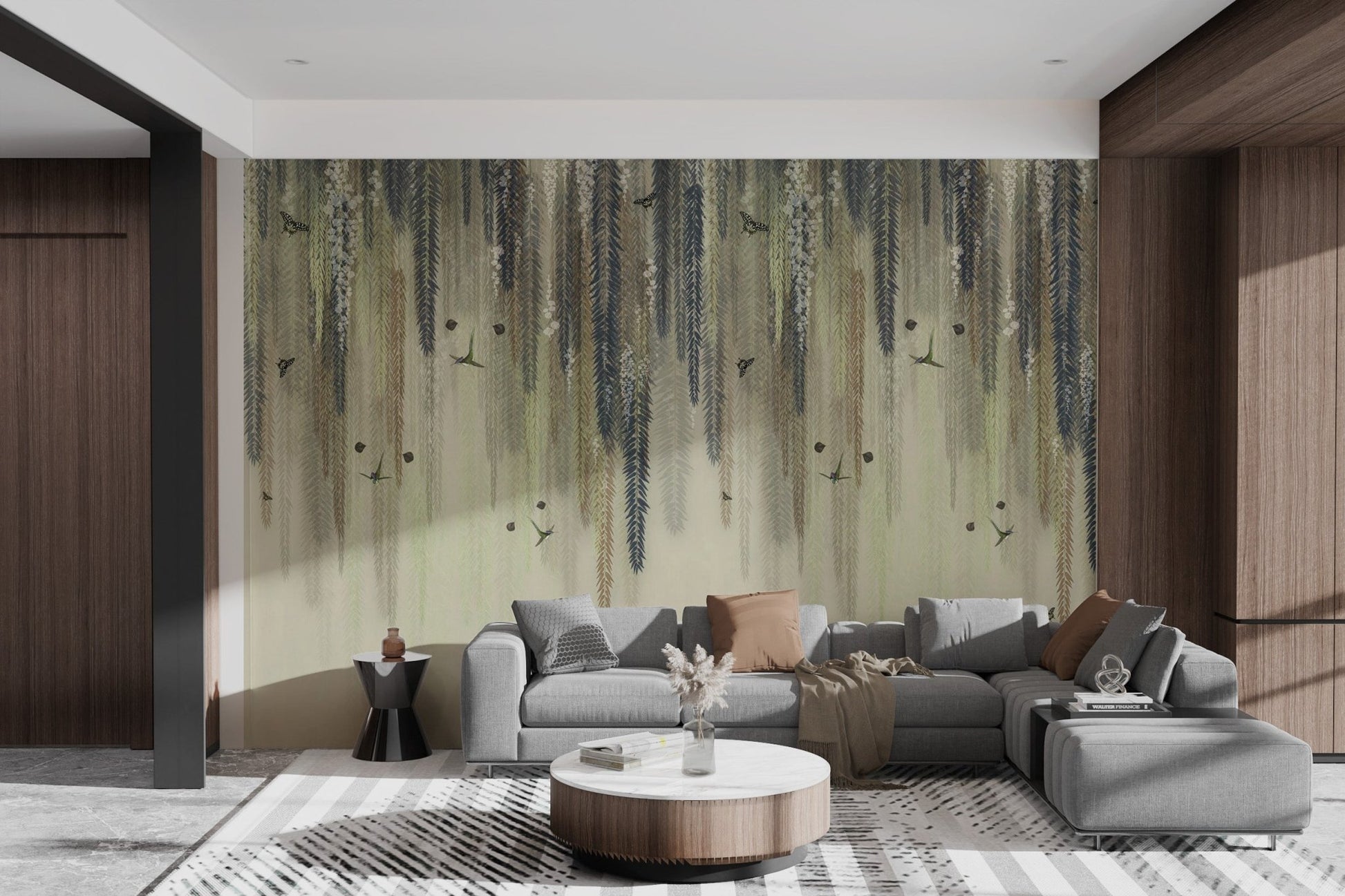 Teal and sage leaf wallpaper for modern living room interior.