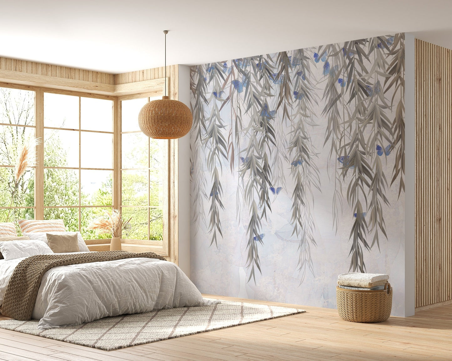 Hanging Willows on Grey Wall Mural in a sunlit bedroom.