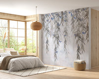 Hanging Willows on Grey Wall Mural in a sunlit bedroom.