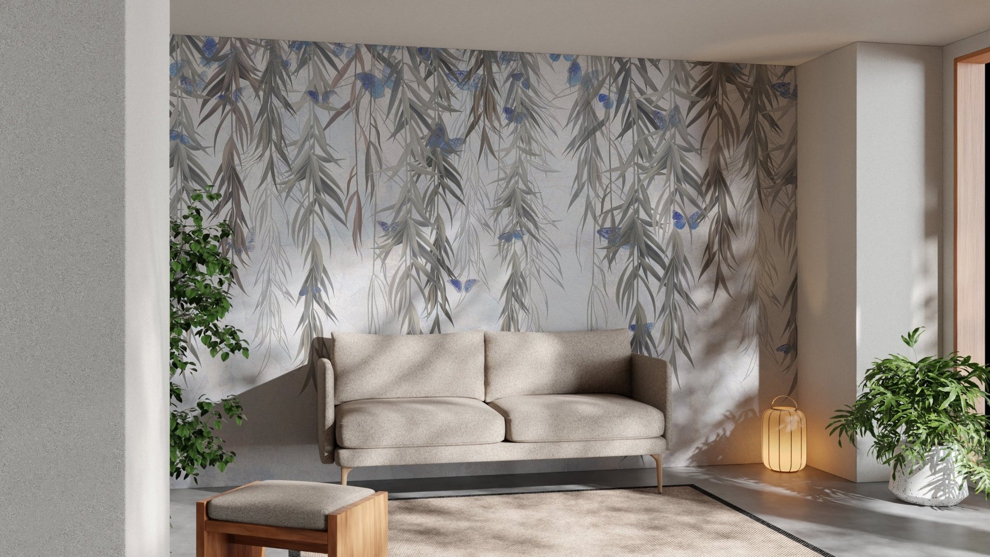 Hanging Willows on Grey Wall Mural in a minimalist living room.