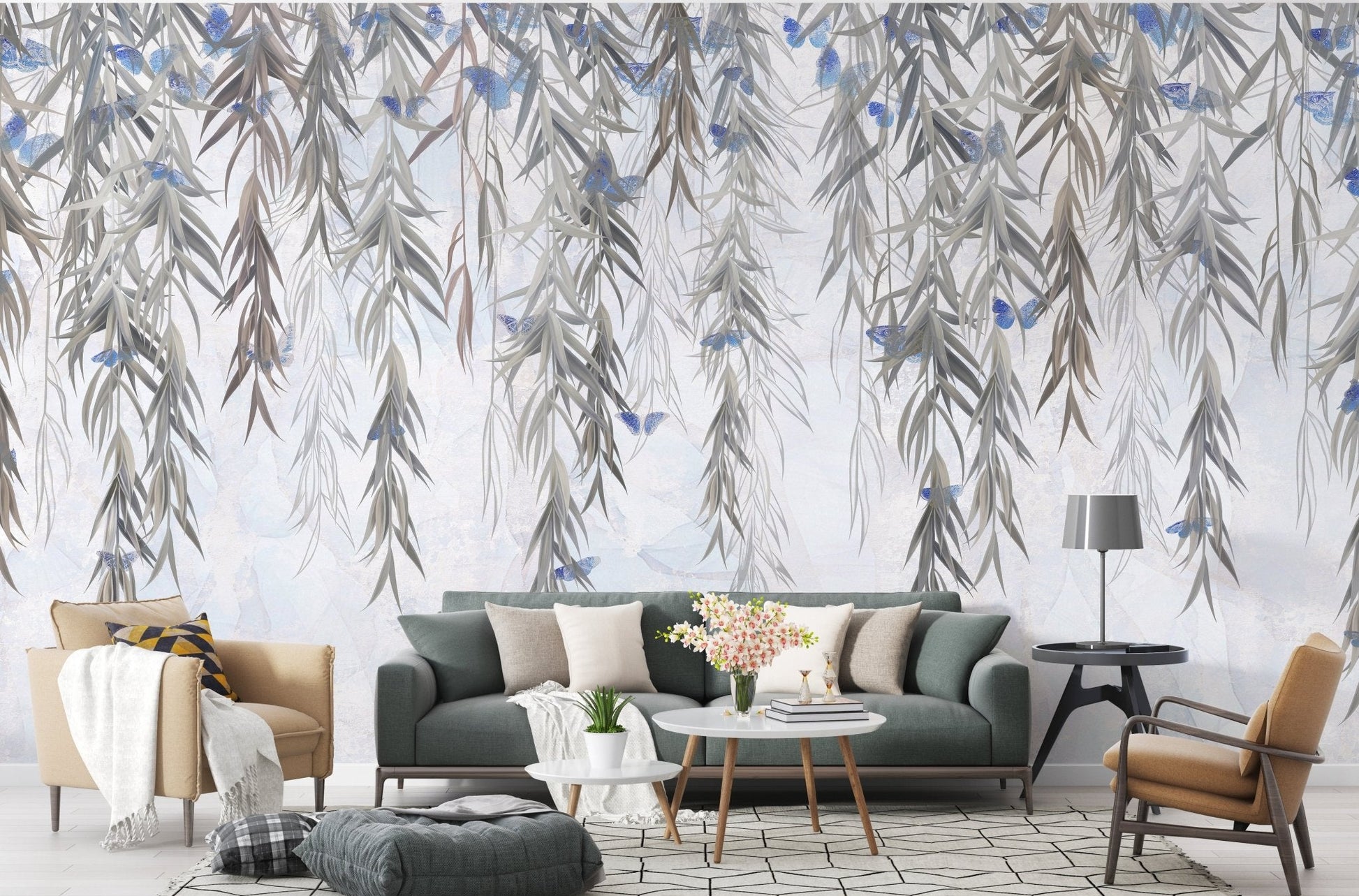 Modern living space featuring Hanging Willows on Grey Wall Mural.