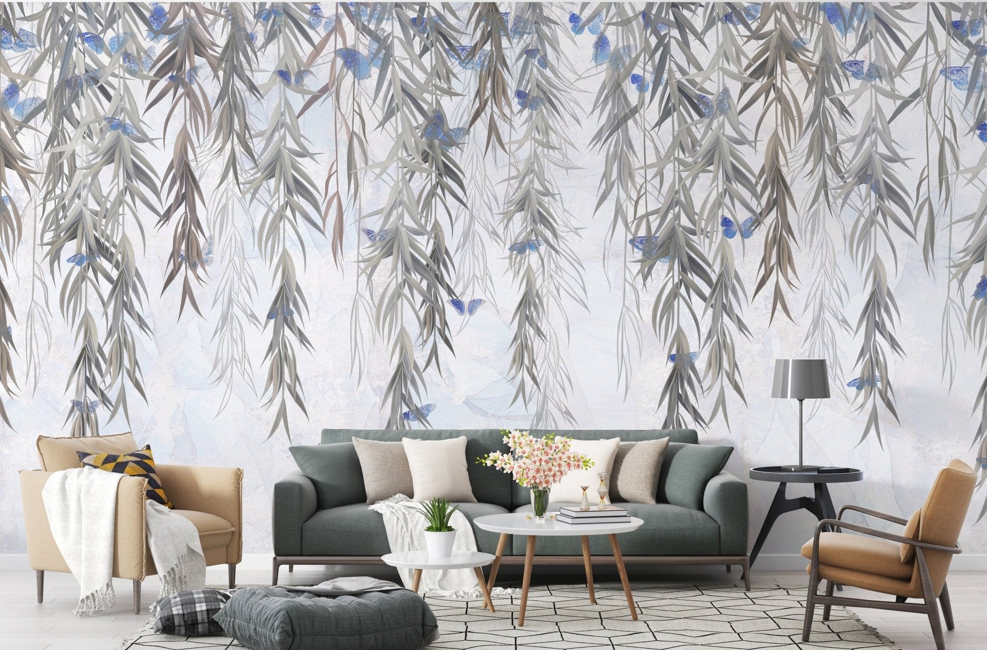 Modern living space featuring Hanging Willows on Grey Wall Mural.
