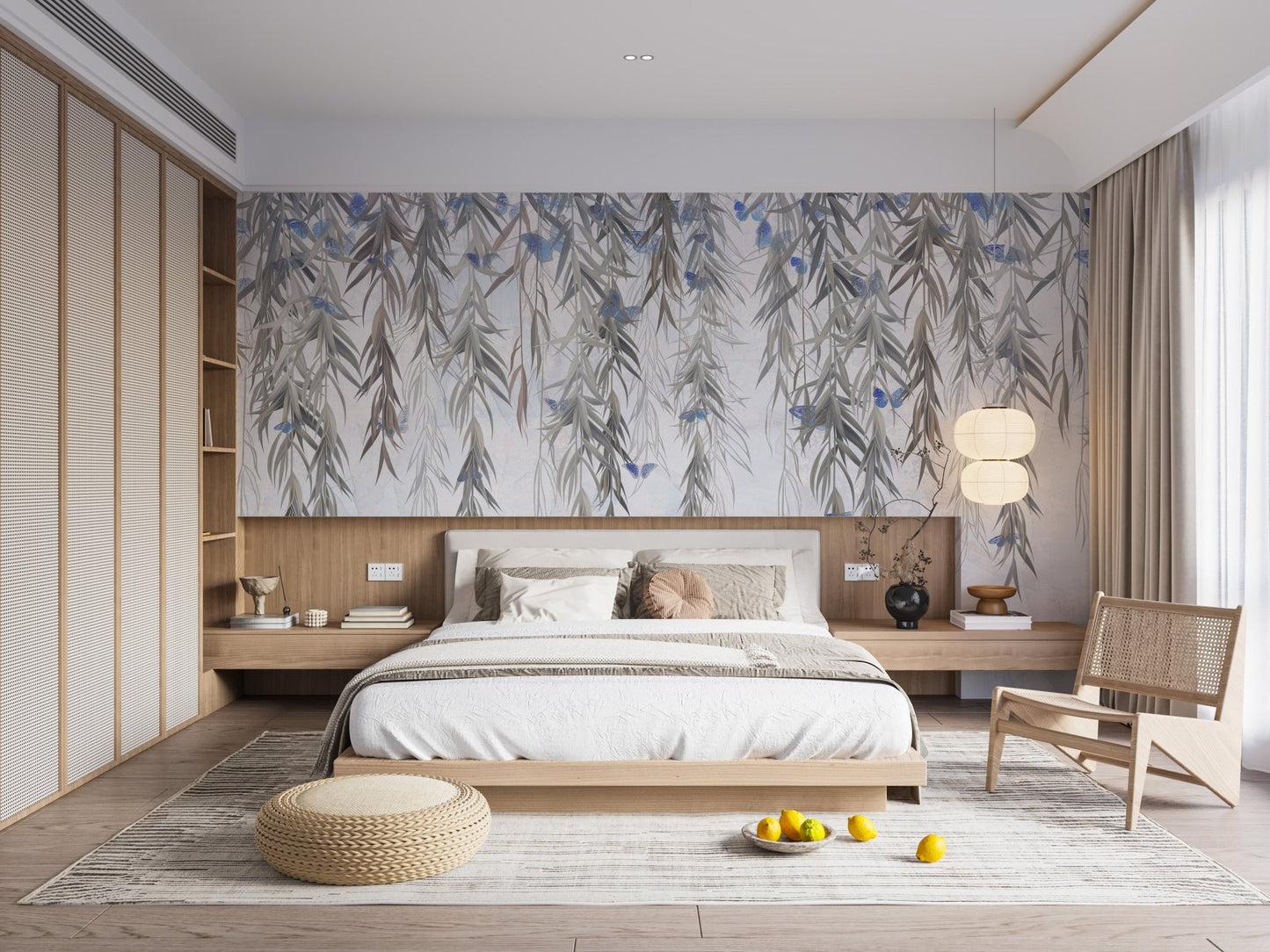 Grey botanical wall mural featuring willow branches in a master bedroom.