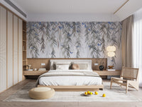 Grey botanical wall mural featuring willow branches in a master bedroom.