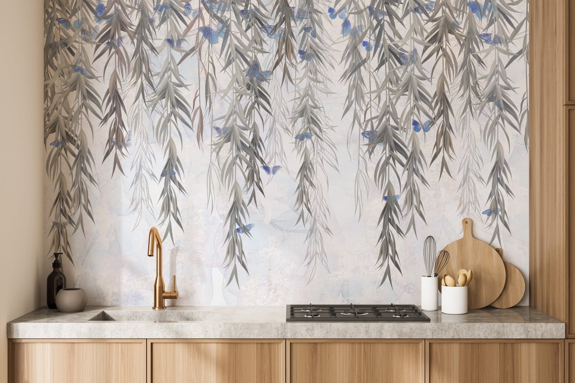 Kitchen backsplash area featuring a grey willow leaf wall mural.