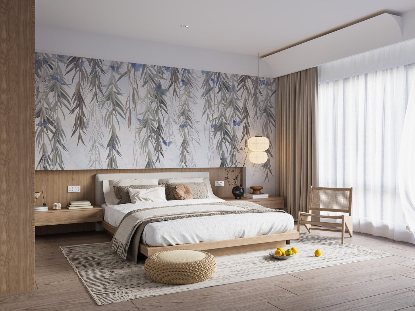 Hanging Willows on Grey Wall Mural in large sunlit bedroom.