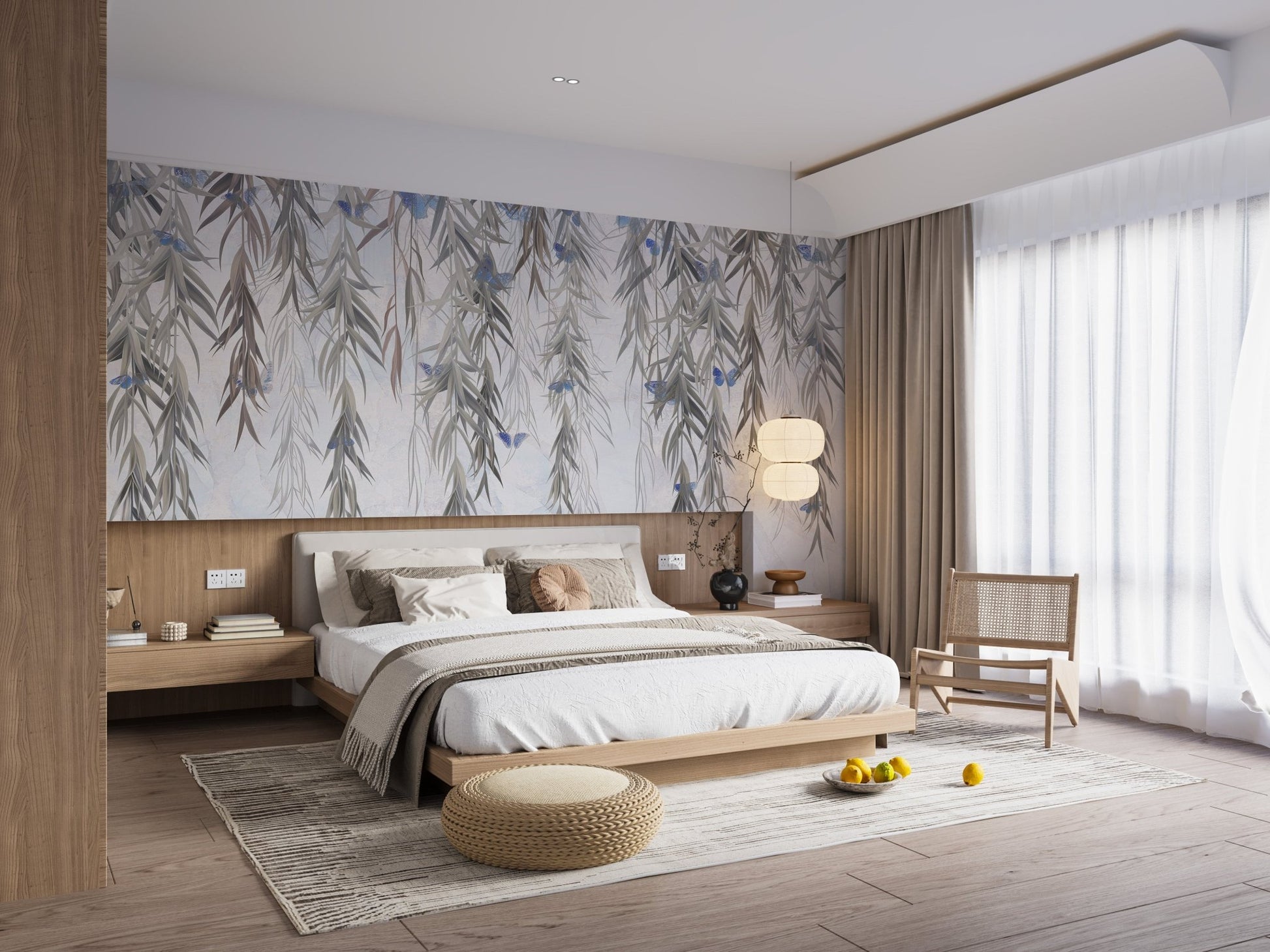 Hanging Willows on Grey Wall Mural in large sunlit bedroom.