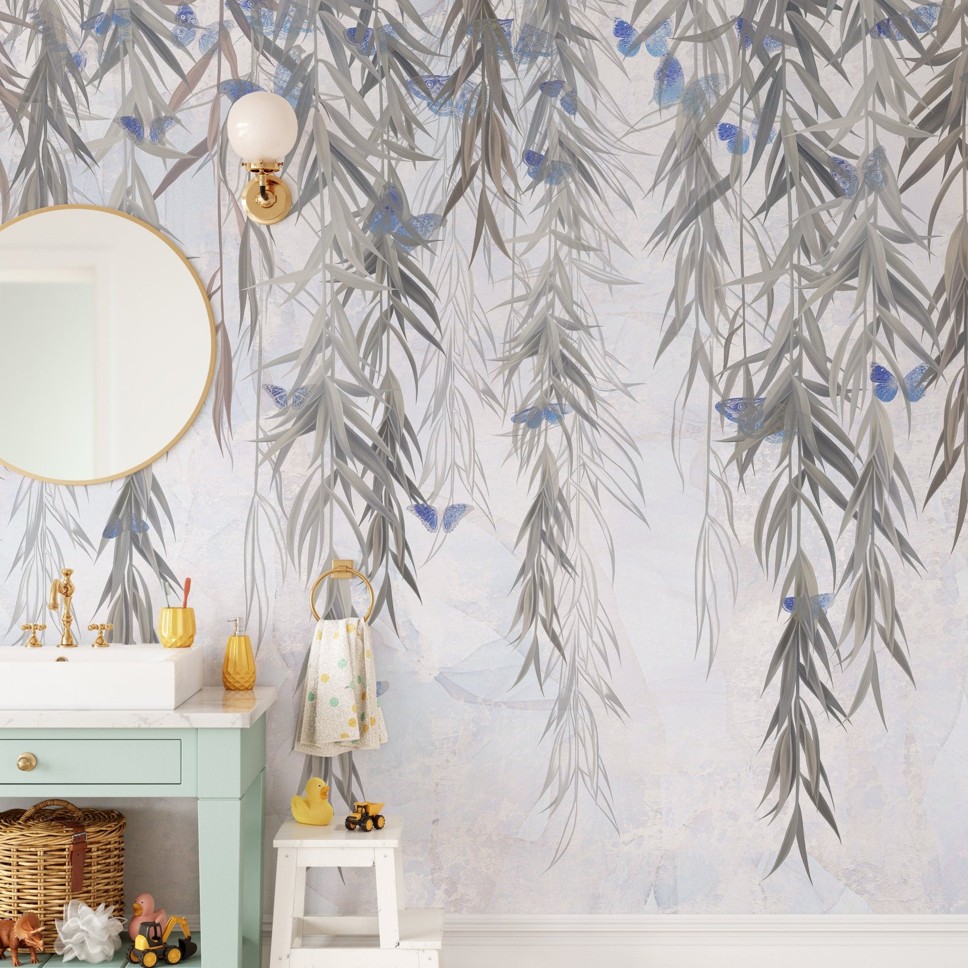 Hanging Willows on Grey Wall Mural in a bathroom.
