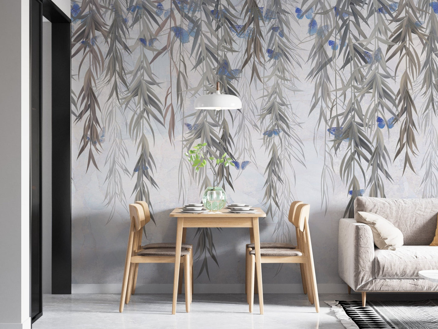 Small dining nook with Hanging Willows on Grey Wall Mural.