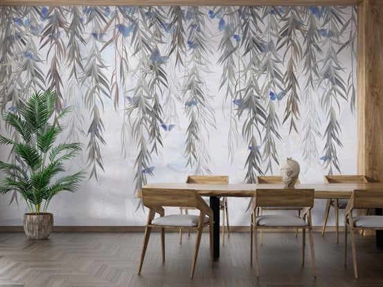 Willow leaf wall mural in modern dining room in gray tone.