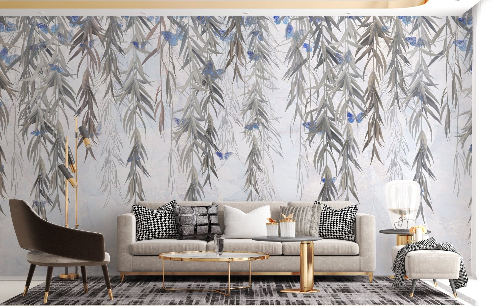 Grey and blue willow branch wall mural in a contemporary living setting.