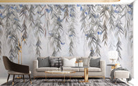 Grey and blue willow branch wall mural in a contemporary living setting.