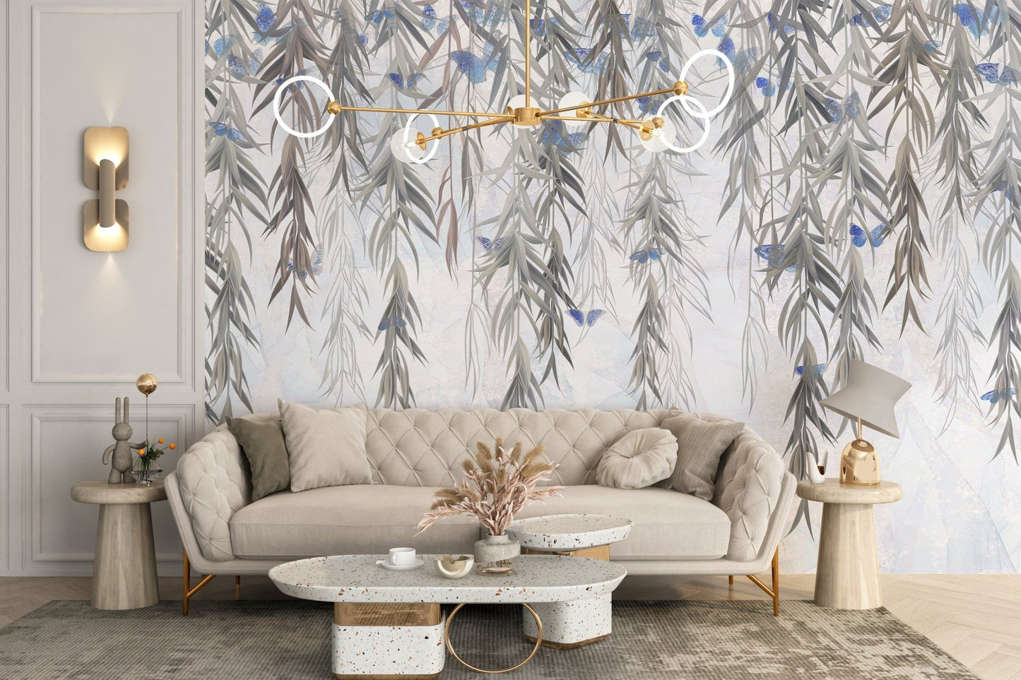 Large scale willow leaf wall mural in a bright seating area.