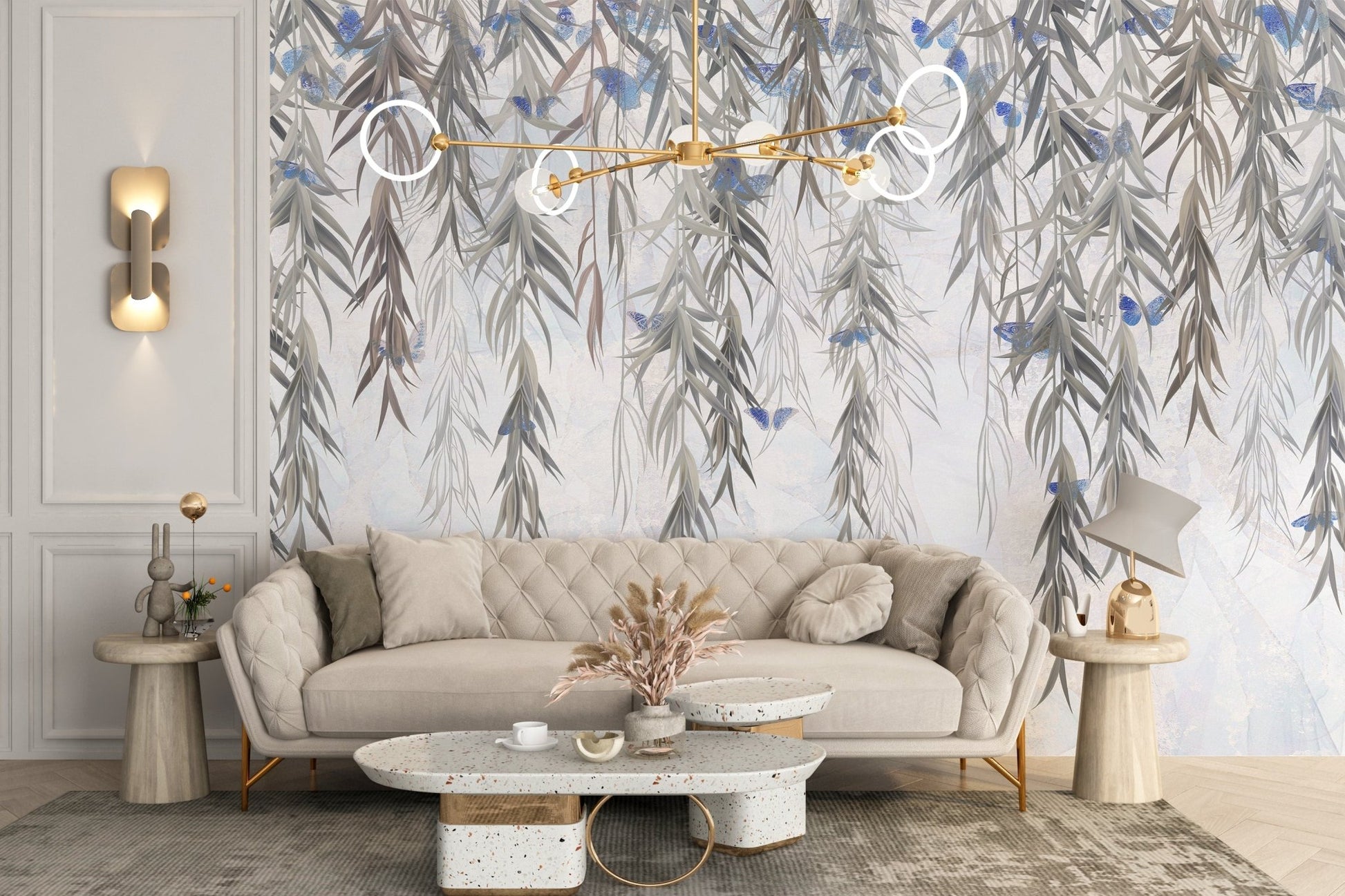 Large scale willow leaf wall mural in a bright seating area.
