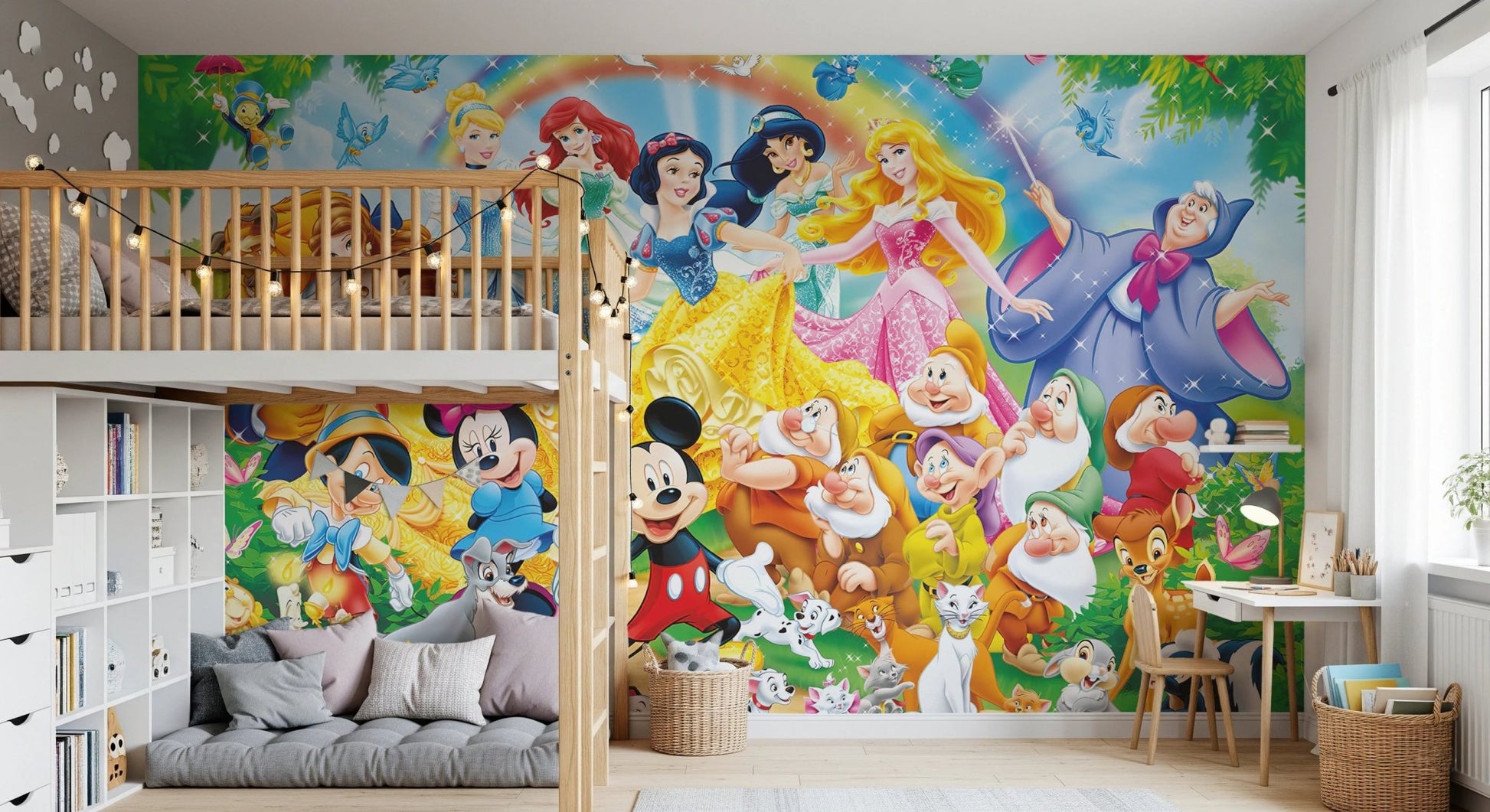 Bambi and Thumper playing in a flowery meadow.