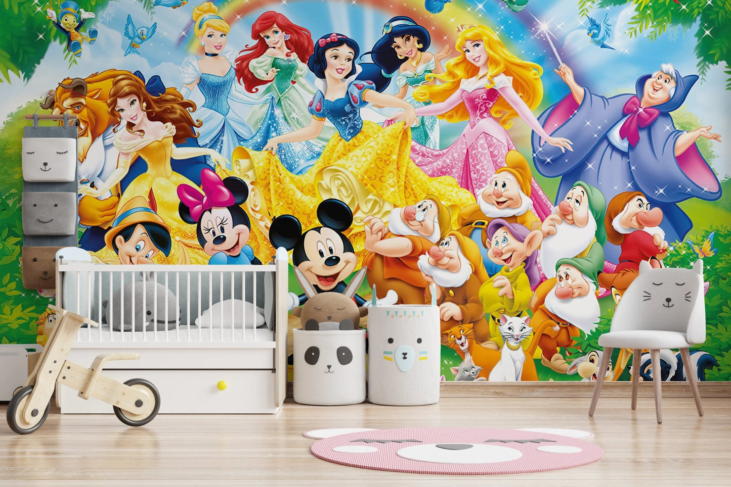 Disney Princesses dancing in a lush green forest.