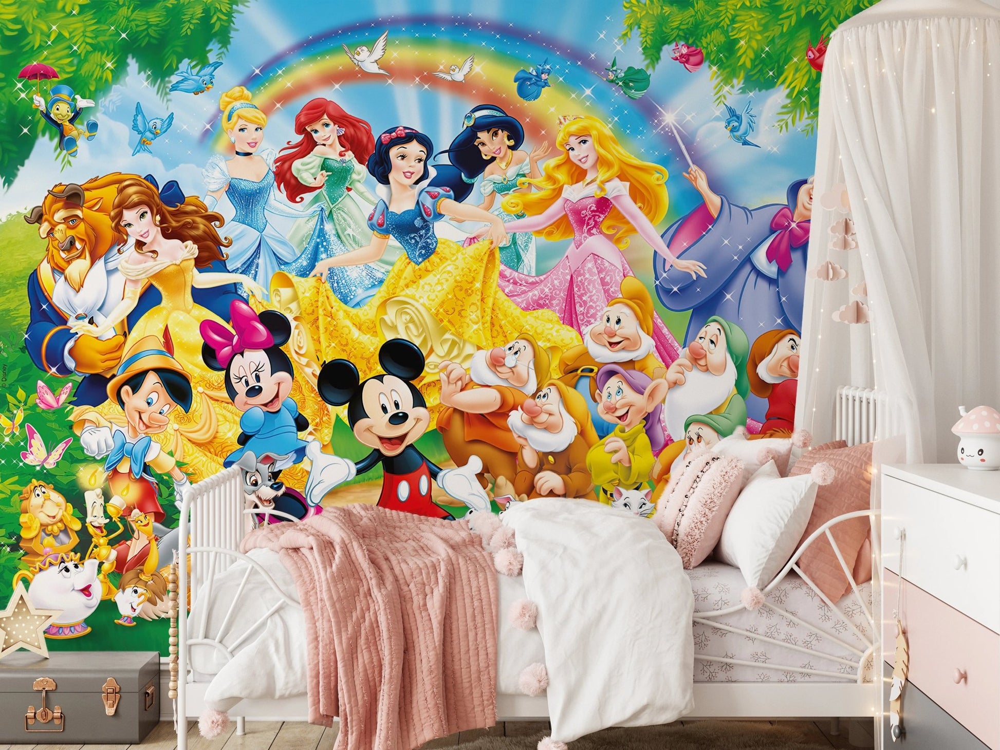 Mickey Mouse and friends under a bright rainbow.