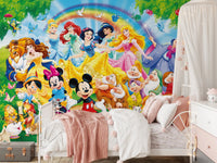 Mickey Mouse and friends under a bright rainbow.